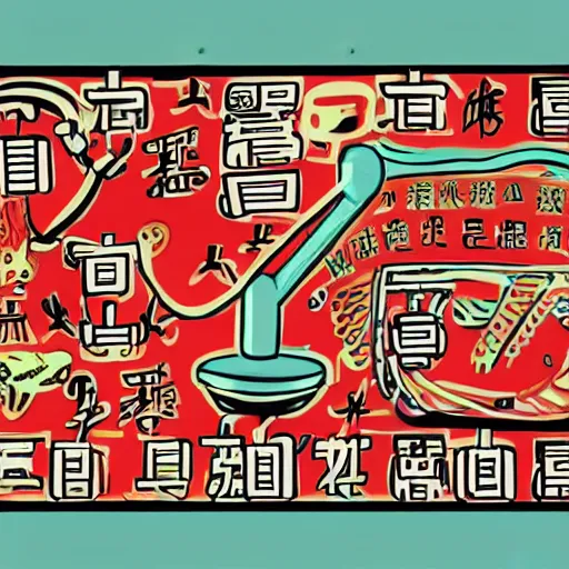 Image similar to chinese surgery operating table, in the style of daniel johnston and outsider art, 8k, line brush, overlaid with traditional chinese neon adverts