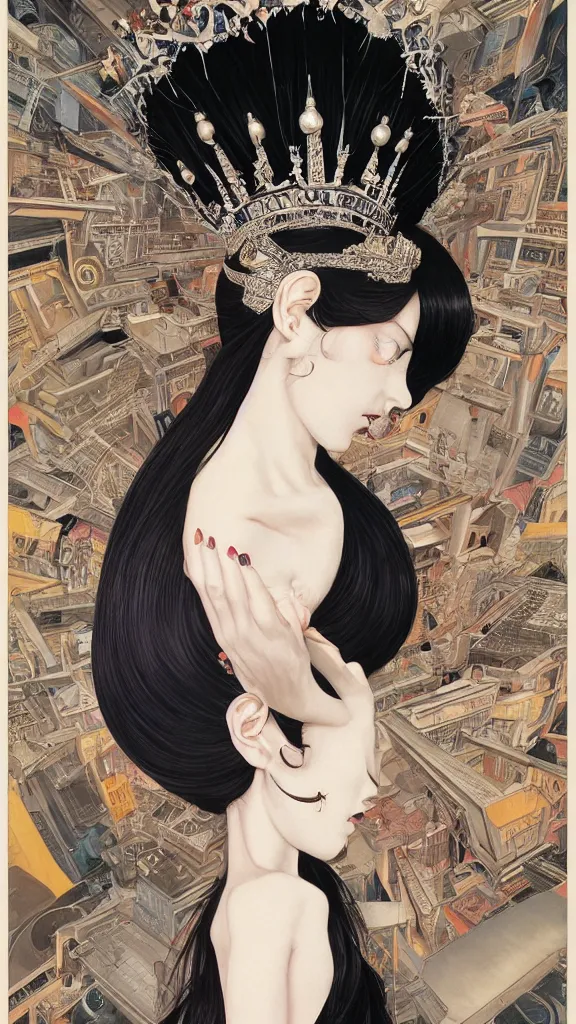 Image similar to a beautiful black haired woman with pale skin and a crown on her head sitted on an intricate metal throne new york circa 1 9 8 4 edward hopper and james gilleard, surreal, open ceiling, highly detailed, airbrush, ilya kuvshinov, wlop, stanley artgerm, very coherent, art by takato yamamoto and james jean