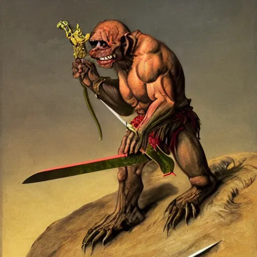 Image similar to dog - faced muscular goblin, ugly face, lizard tail, holding scimitar made of bone, scimitar, sword, jagged sword, curved sword, orkish sword, colorized, green skin, red sky, wasteland, hyper - detailed, primeval fantasy, prehistoric fantasy, art by jacques - louis david