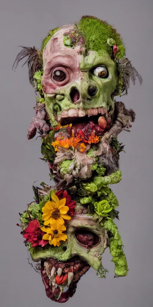 Image similar to portrait of a zombie punk, head made of fruit and flowers in the style of arcimboldo, photorealistic, dynamic lighting, action figure, clay sculpture, claymation, soft multicolor background