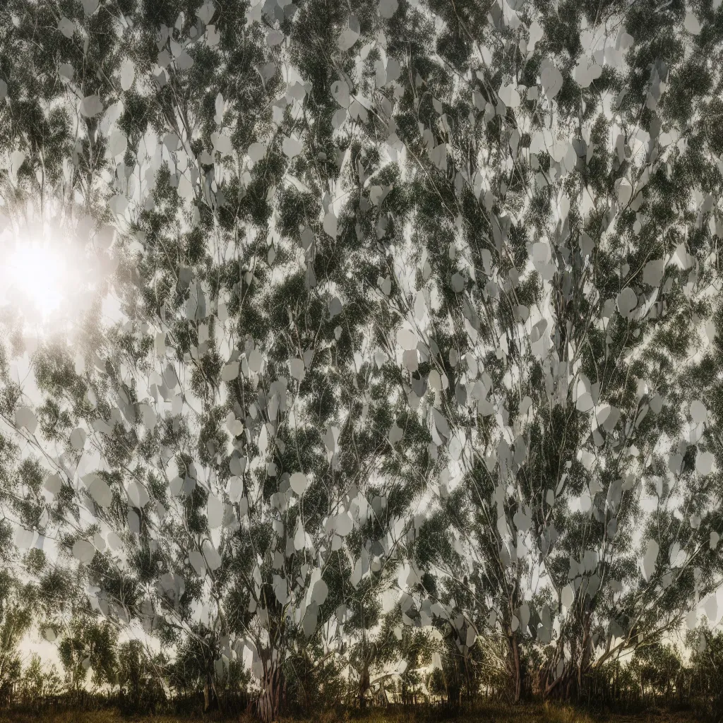 Prompt: double exposure photograph of eucalyptus trees, strong wind, back light, sony ar 7 ii, photographed by julie blackmon