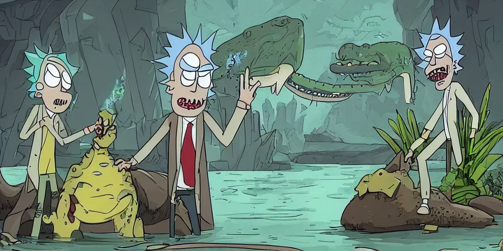 Prompt: rick sanchez falls into a river and gets eaten by a crocodile. concept art for rick and morty.