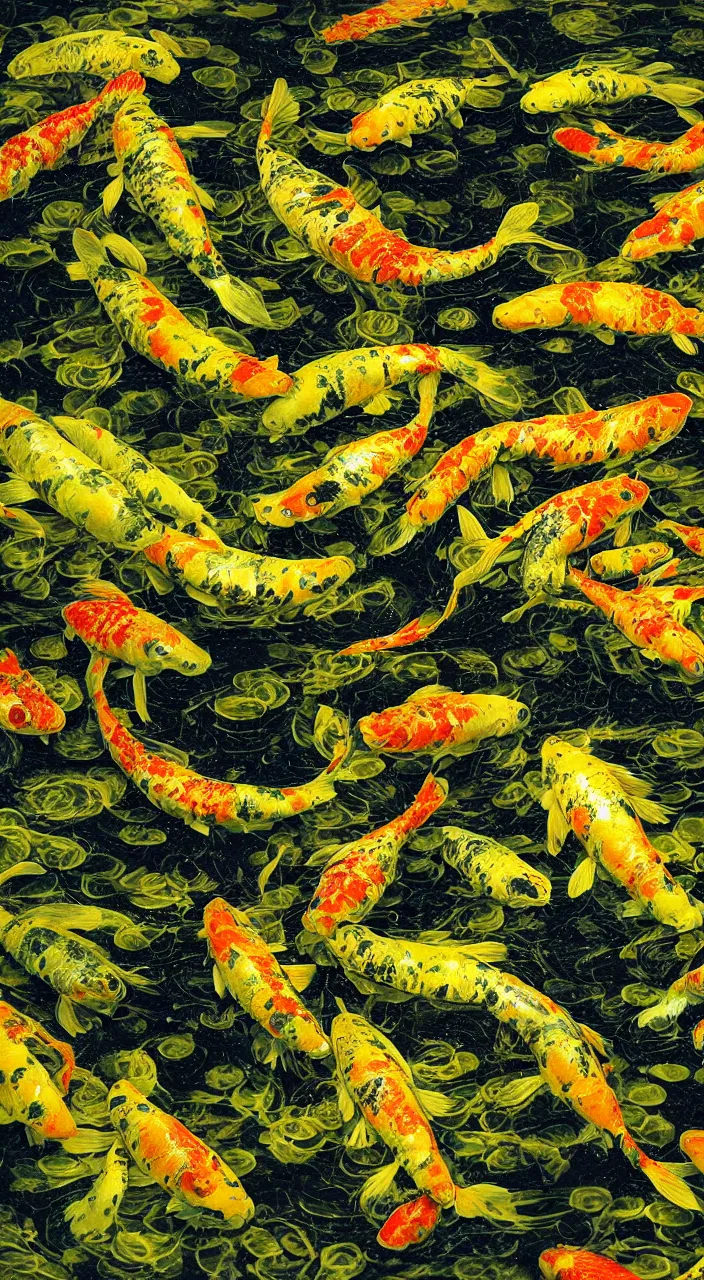 Prompt: a photograph of a Pond filled with Xenomorph skin Koi fish, dim volumetric lighting, lime green lighting, in style of H.R Giger, grainy, 50mm film, noise, sharp focus, motion, high exposure, hd, 8k resolution