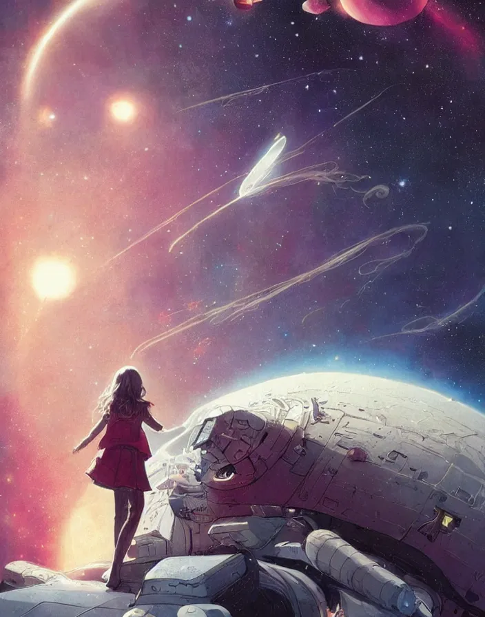 Prompt: illustrated by moebius and greg rutkowski, romantic space scene with young girl!!!!, orbit of earth, futuristic orbital station!!!!, nebulae!!, starry sky!!, rule of third!!!!, vintage cover of sci - fi magazine, cinematic