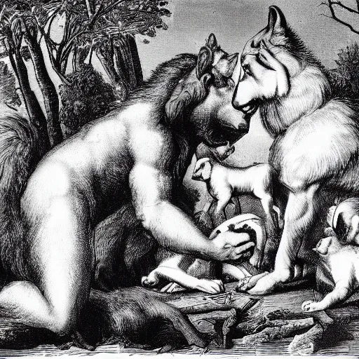 Prompt: Romulus and Remus with a She Wolf