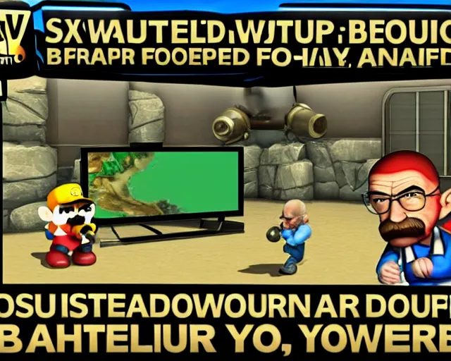 Image similar to walter white in super smash bros, screenshot, zoomed out, HD, battlefield, blurry, photograph of TV