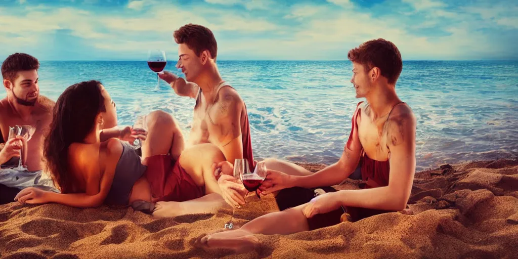 Prompt: one young man and one young woman drinking wine on a beach, beautiful colors, amazing landscape, digital art