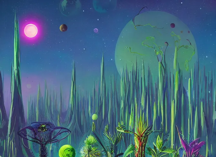 Prompt: a forest of alien plants, planets visible in the sky, award winning concept art, colorful, vibrant, surreal, from a science fiction book cover, trending on artstation