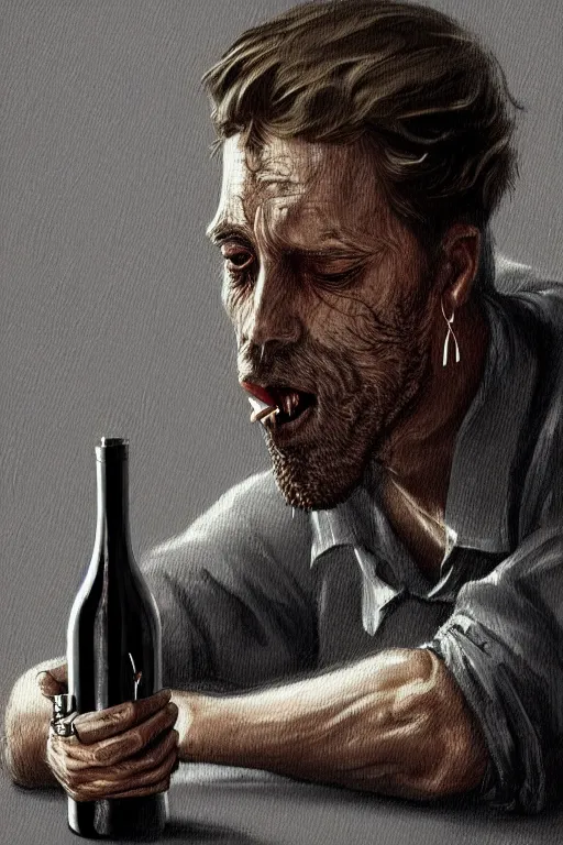 Image similar to dirty faced and very tired man looking pile smoking a winebottle, drugs, cigarrette boxes at the table, fantasy, intricate, elegant, highly detailed, digital painting, artstation, concept art, addiction, chains, smooth, sharp focus, illustration, art by Ilja Repin