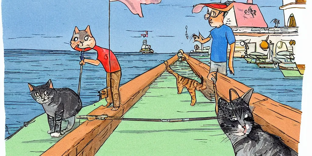 Prompt: cat sitting on the pier fishing, cartoon
