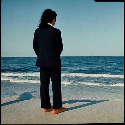 Image similar to japanese man with long hair in a beige suit standing in the ocean looking at the camera, wide shot, far!!!!!!! away, zoomed out, distance!!!!!!! shot, sunset, centered!!!!!!!!!!, album cover, tatsuro yamashita, 1980, ride on time