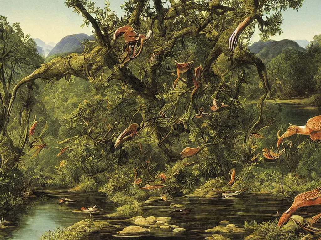 Image similar to Fauna on Earth 50 million years ago. A river, meadow. Painting by Audubon