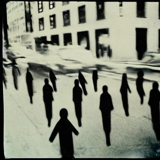 Image similar to wide-shot low-angle cat's eyesight photo of empty!!! animated walking ghostly people (((heads))) at the street in New York, polaroid photo, by Andy Warhol, signed