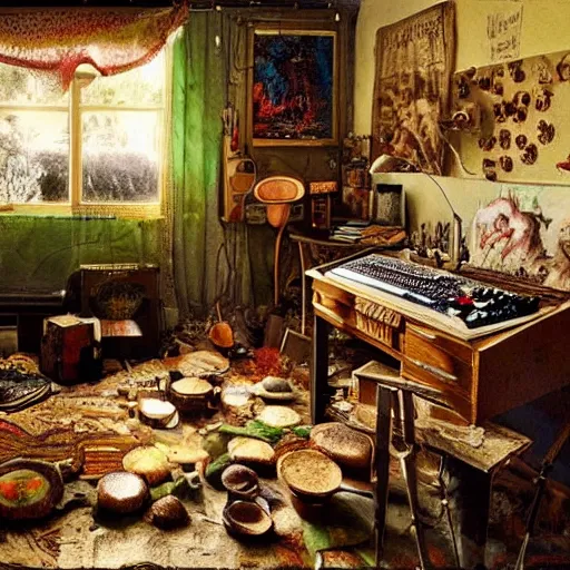 Prompt: a bohemian bedroom of an artist, with a vintage computer with mushrooms on the screen, apocalyptic scene