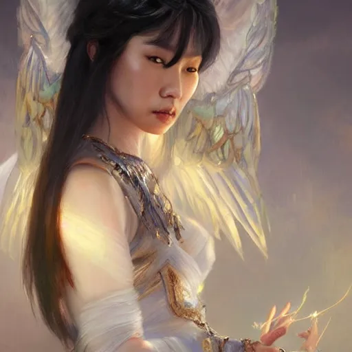 Image similar to Portrait of a Asian Goddess with angel wings, and a glowing halo, white lighting, digital art by Ruan Jia and Mandy Jurgens and Artgerm, highly detailed, trending on artstation, award winning,