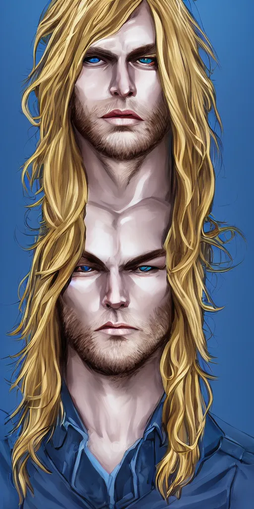 Image similar to portrait of a handsome gorgeous male satanic blonde haired hippie with long hair and blue eyes as the human prince of satan and lucifer, artstation