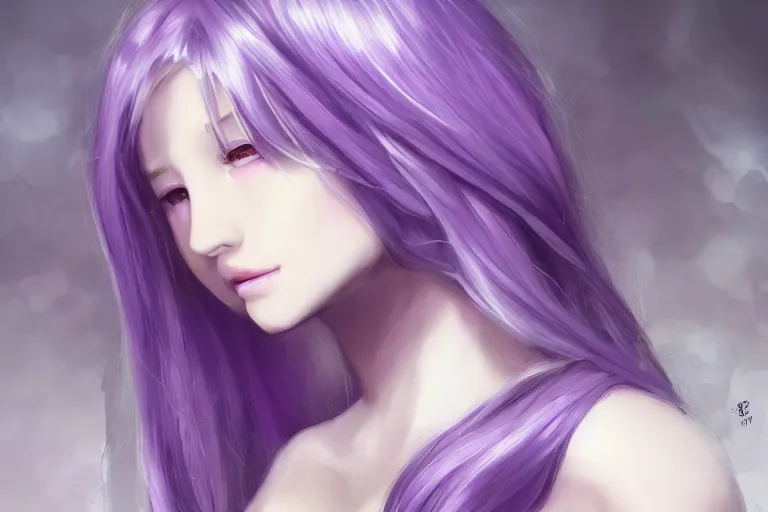 Prompt: A girl who's hair is light-silvery with a tint of purple, waist-length. orchid purple eyes. Elf ears Her skin is Ivory White pixiv artist WLOP artstation artist Mam BA artstation real photo very detailed