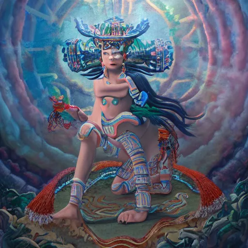 Image similar to breathtaking detailed concept art painting of the aztec goddness Mictlantecuhtli, god of Mictlan, underworld in the background, by Hsiao-Ron Cheng, James jean, Miho Hirano, Hayao Miyazaki, extremely moody lighting, 8K