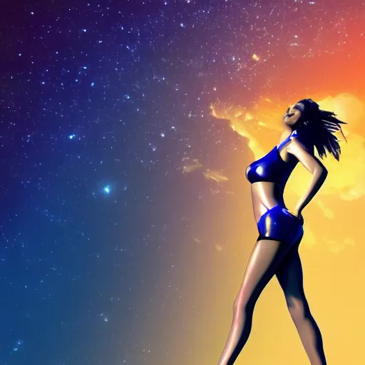 Image similar to A wide angle shot from below of a feminine body walking with swagger towards camera on mars in an infinite universe , synthwave digital art