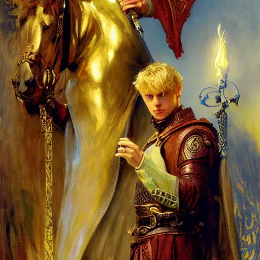 Image similar to handsome arthur pendragon in love with handsome merlin the mage. merlin is also in love with arthur. highly detailed painting by gaston bussiere, craig mullins, j. c. leyendecker