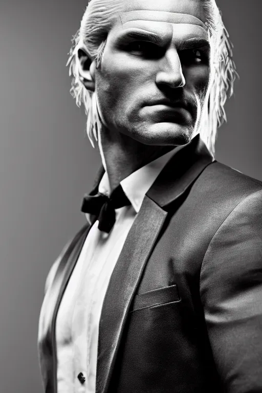 Image similar to portrait of geralt of rivia wearing an elegant tuxedo, 5 5 mm lens, professional photograph, black and white, elegant, serious, stern look