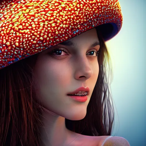 Image similar to highly detailed close up portrait of a girl in a mushroom hat, studio lightning, bright colors, intricate, masterpiece, photorealistic, hiperrealistic, sharp focus, high contrast, Artstation HQ, DeviantArt trending, 4k UHD, Unreal Engine 5