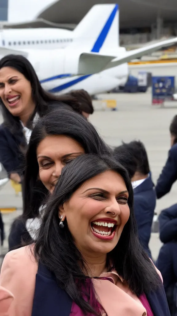 Prompt: priti patel laughing evilly while watching a plane take off at heathrow