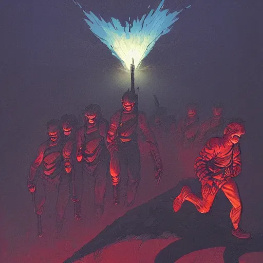 Prompt: torch wielding mob walking up a hill at night. Artwork by Frank Frazetta and dan Mumford. Horror feeling. Red and blue color scheme