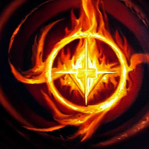 Image similar to dramatic chiaroscuro painting of an esoteric symbol, glowing with strange power. it is surrounded by a ring of flames, but remains untouched.