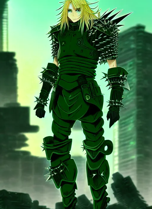 Prompt: a detailed anime full body portrait of a male warrior with long blonde hair and blue eyes wearing evil green spiked cyberpunk armour and standing in the desolate burning ruins of a futuristic city by hirohiko araki and beeple, fine details, digital art, character concept art