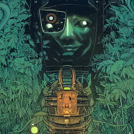 Prompt: Stunningly intricate illustration of a single cyberpunk explorer overlooking a gigantic decaying robot head in a lush forest, highly detailed, midnight, by Victo Ngai and James Gilleard , Moebius, Laurie Greasley