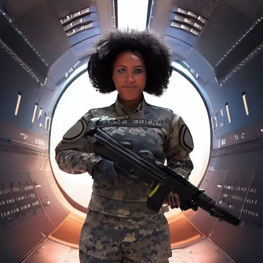 Image similar to a futuristic female soldier with brown skin and short hair in a spaceship