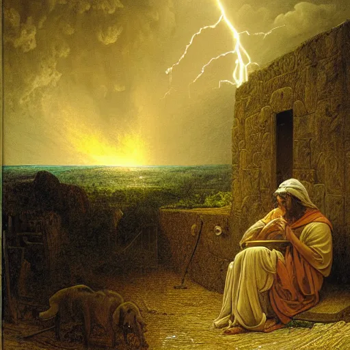 Image similar to A biblical painting of Jacob Washing dishes next to a window by Gustave Doré, Scenic, Dramatic, lightning storm in background