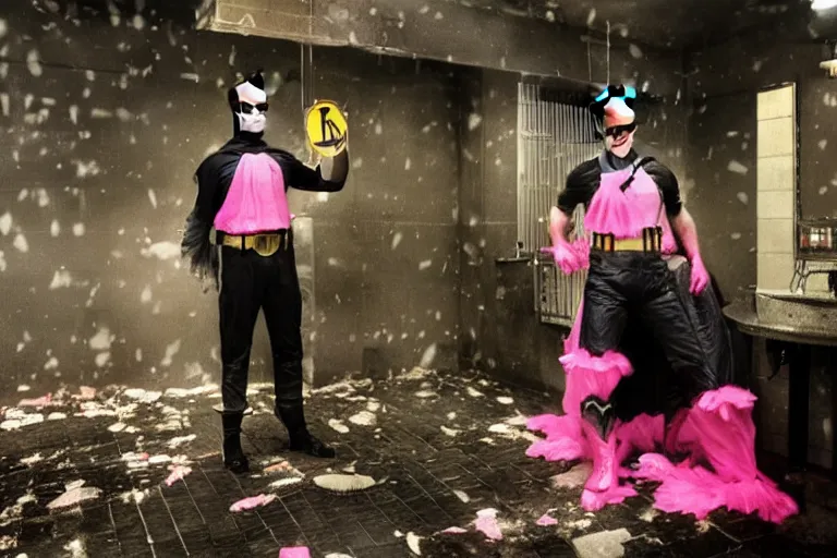 Image similar to michael keaton as batman wearing pink frilly apron offering free beer in dirty disgusting brown bathroom with cracked tiles and mold, atmospheric eerie lighting, dim lighting, bodycam footage, motion blur, blurry photography