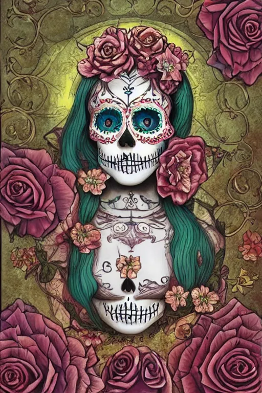 Image similar to Illustration of a sugar skull day of the dead girl, art by daniel merriam