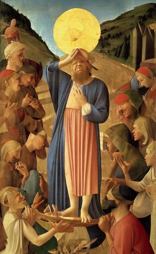 Image similar to painting by fra angelico of blindfolded!!!!!! the mocking of christ holding cornucopia!!!! 1 4 4 0 early renaissance painting, fresco! eerie, ominous, distressing