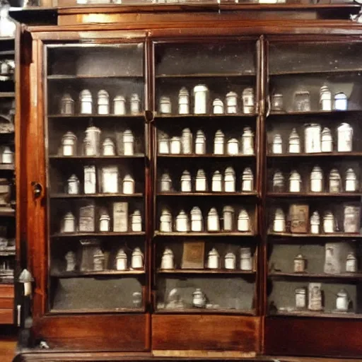 Image similar to apothecary cabinets of curiosities antiques, vintage photo, blade runner, scifi, cfg = 3