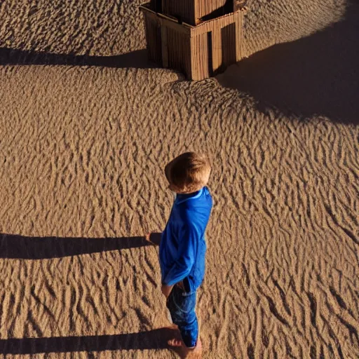 Prompt: kid standing on top of a 1 0 meter high sand tower