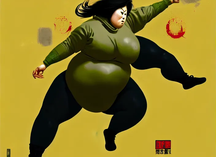 Prompt: duotone olive green gray illustration 3 / 4 portrait of fat woman fighting bruce lee style. dynamic chaotic composition random golden renaissance proportion. author sachin teng and sergei wheelsov and ruan jia and heng z. graffiti art, scifi, sci - fi, hyper detail. octane rendering. concept art. trend on artstation