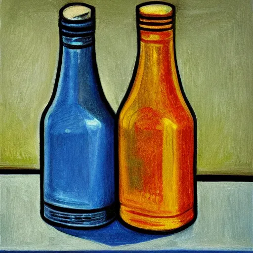 Prompt: intricate five milk bottle by pablo picasso, oil on canvas, hdr, high detail, photo realistic, hyperrealism, matte finish, high contrast, 3 d depth, centered, masterpiece, vivid and vibrant colors, enhanced light effect, enhanced eye detail, artstationhd