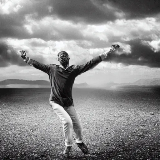 Prompt: photograph of a man dancing at the end of the world