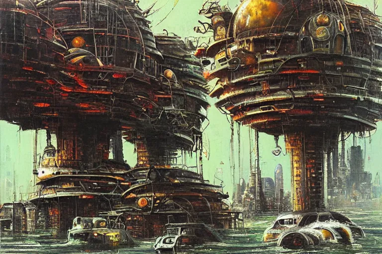 Prompt: river boats speeding between spherical tree houses on flooded streets of new york painting by h. r. giger and paul lehr