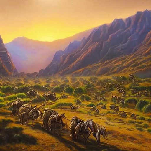 Prompt: A huge army in a valley at golden hour, fantasy, oil painting, extra detailed