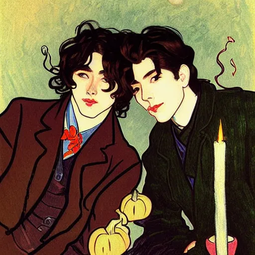 Image similar to painting of young cute handsome beautiful dark medium wavy hair man in his 2 0 s named shadow taehyung and cute handsome beautiful min - jun together at the halloween! party, bubbling cauldron!, candles!, smoke, autumn! colors, elegant, wearing suits!, clothes!, delicate facial features, art by alphonse mucha, vincent van gogh, egon schiele