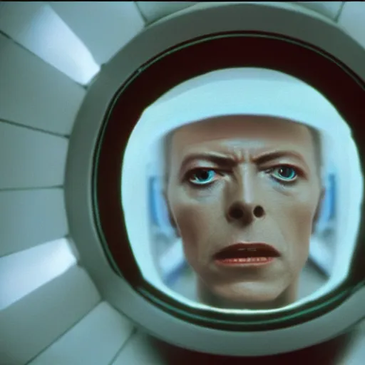 Image similar to film still of David Bowie as David Bowman in 2001 a space odyssey, 4k