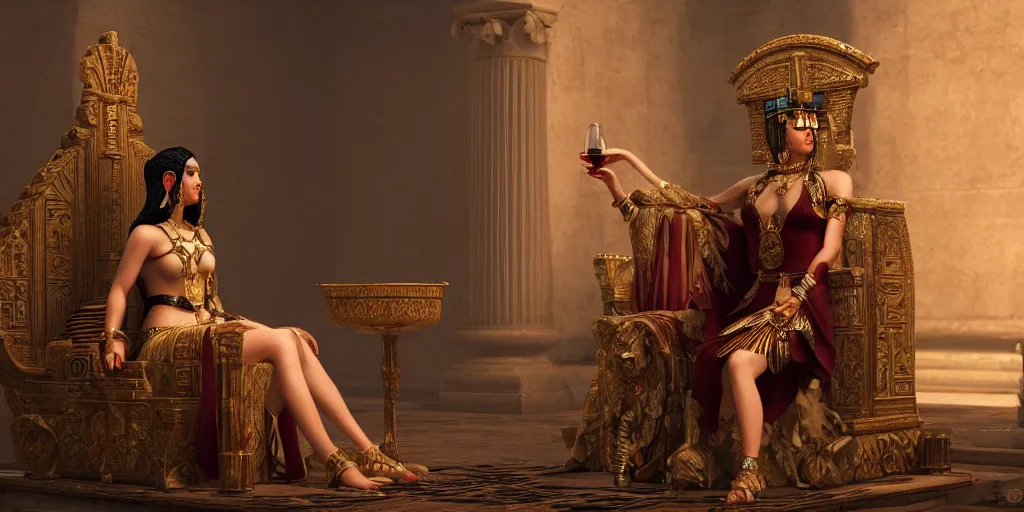 Image similar to Cleopatra drinking wine on her throne, her face is symmetrical hyper-realistic, Unreal Engine, Octane Render, digital art, trending on Artstation, 8k, detailed, atmospheric, immaculate