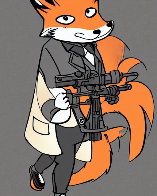 Image similar to a fox wearing a black trench - coat holding a mini - gun, comic art style, digital art,