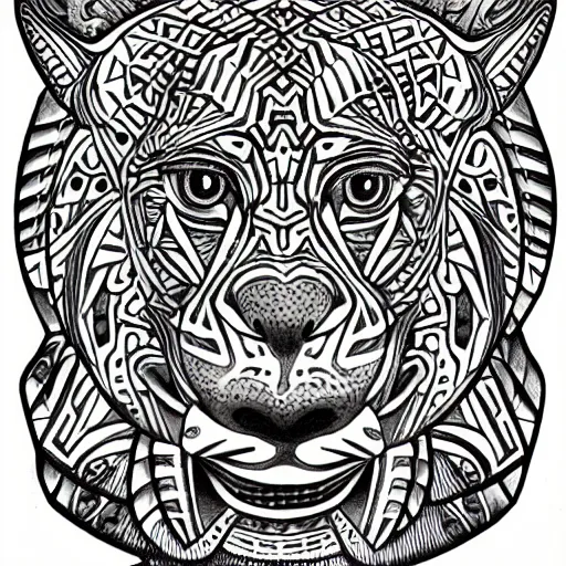 Image similar to jaguar head tattoodesign, sacred geometry, symmetrical, frontview, black and white, white background. very detailed ink drawing, fine lineart, extremely detailed