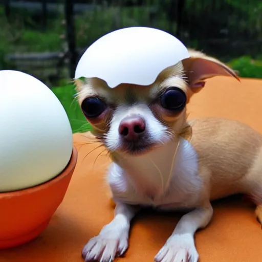 Prompt: chihuahua with an egg on top of its head