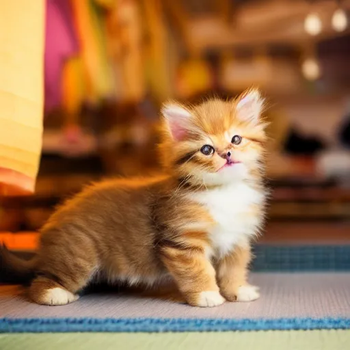 Image similar to puppy kitten inside a japanese thrift store, cinematic light, warm colours, atmospheric, bokeh, 8 k photography